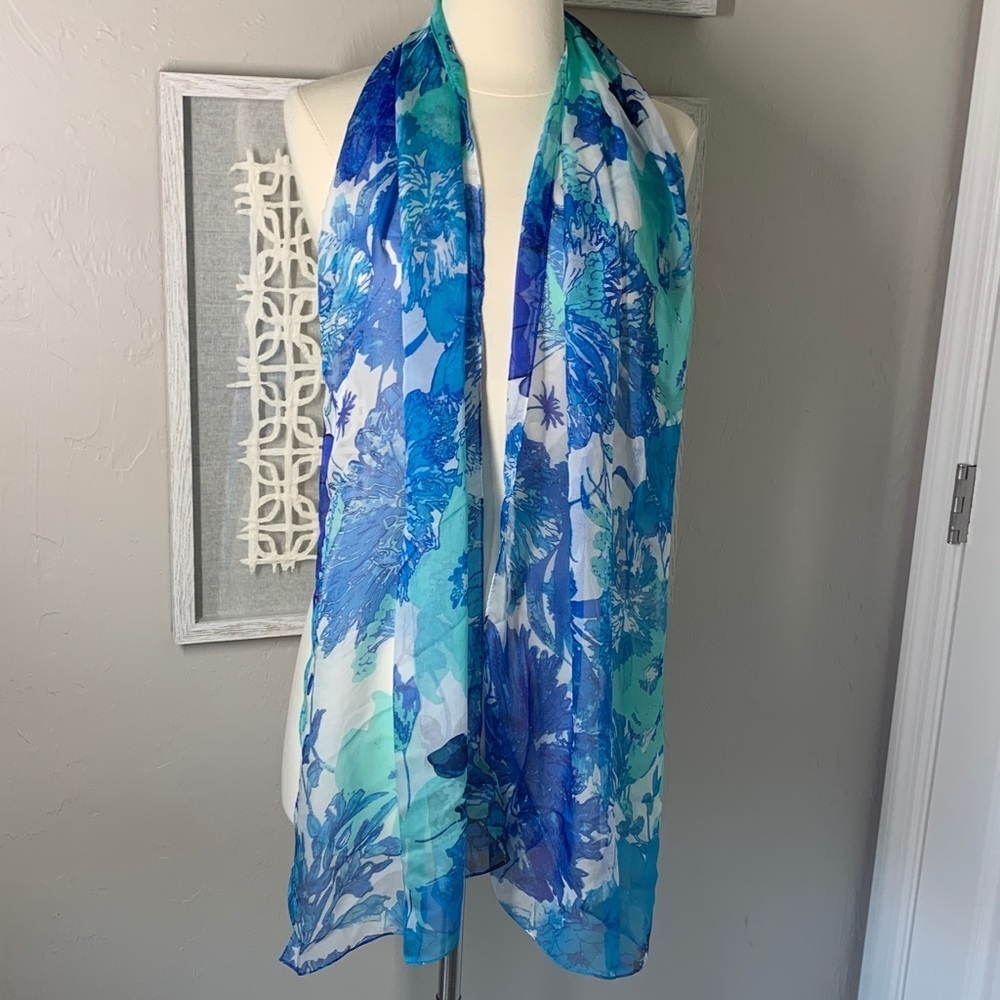 Jones New York blue and green tropical floral print silk scarf